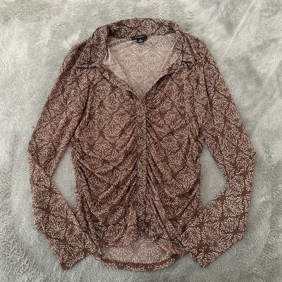 Halogen Brown Sheer Mesh Button Up Collared Shirt Blouse MEDIUM