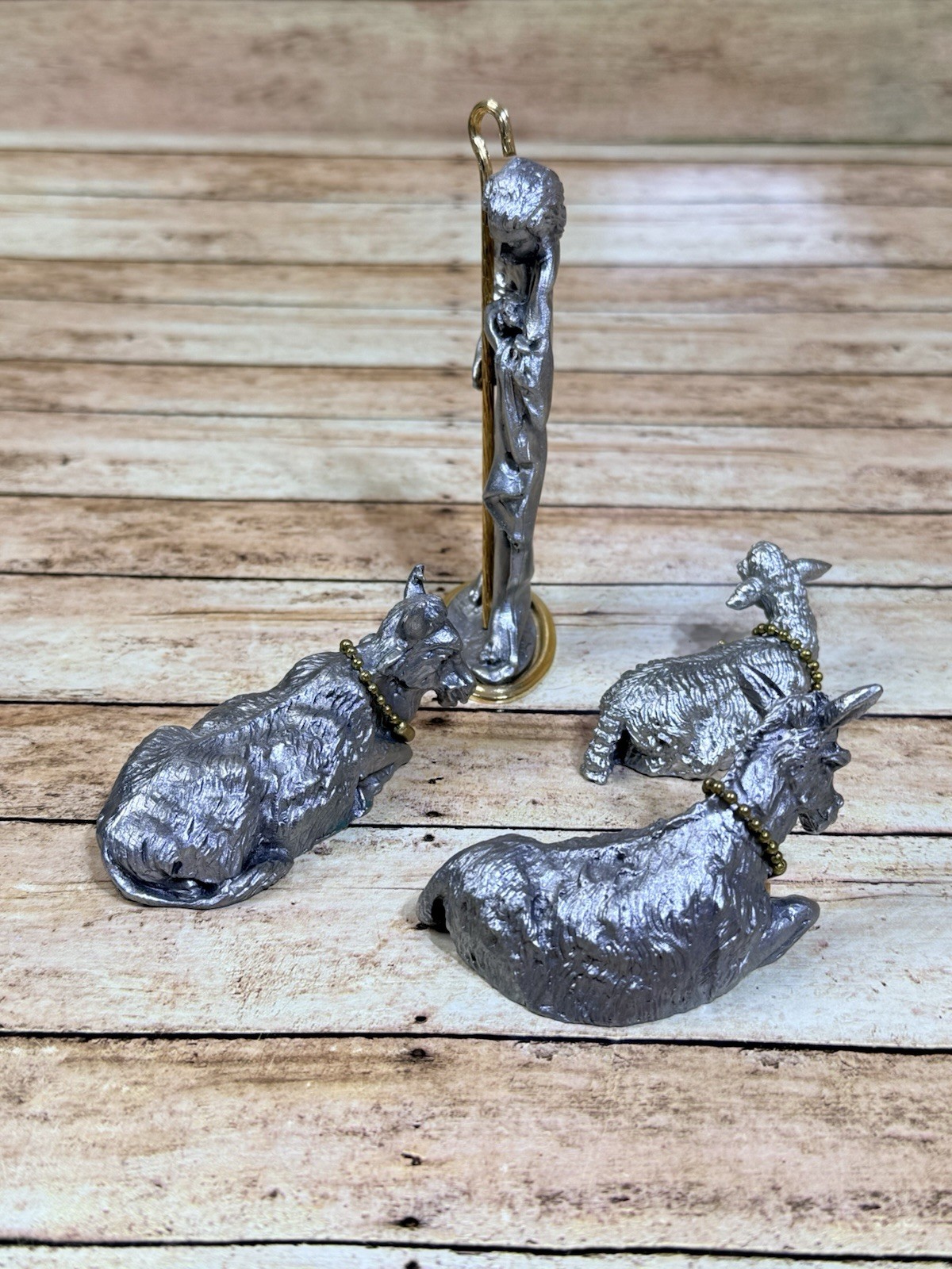 Cathedral Art Pewter Gold Gilt Doug Corsini Shepherd Donkey Sheep Ox Nativity