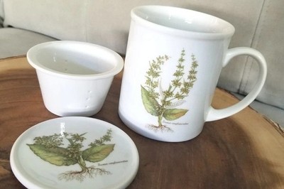 Vintage Otagiri Tea Maker Mug With Lid & Infuser Herbs Rumex Conglomeratus Japan