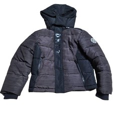 DKNY Puffer Jacket Hooded Boys Size 7 Brown Black Logos Winter Warm Mid Weight