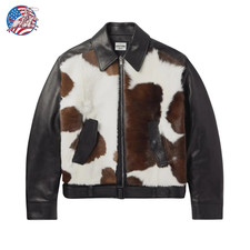 Unisex Cowhide Hair-On Leather Bomber Jacket Natural Hide Western Vintage Biker