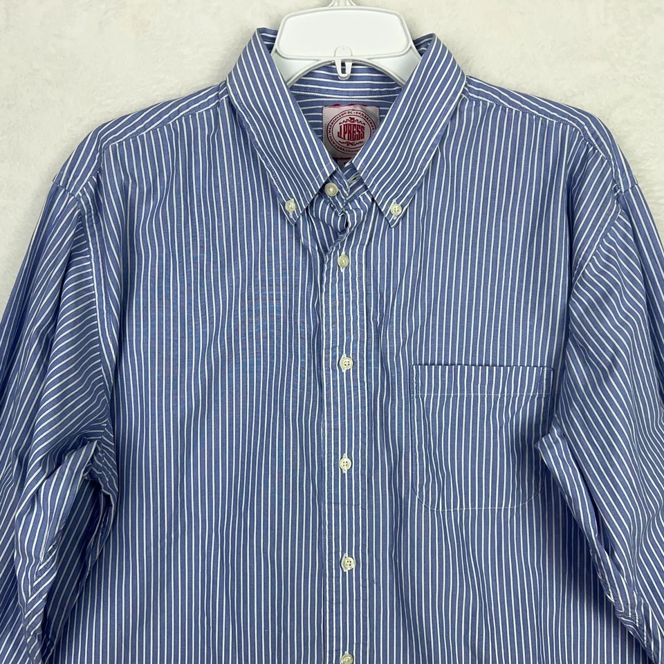 J Press Button Down Shirt Mens 17 34 Vintage Blue Striped Long Sleeve Pocket USA - Image 2 of 4