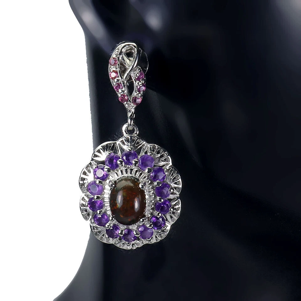 Orecchini In Argento Sterling 925 Con Opale Nero E Gemma Di Ametista 8x6mm - Immagine 2 di 4