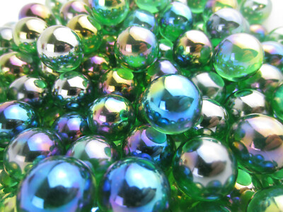 25 Glass 16mm LUSTERED GREEN Marble Vase Filler Wedding Decor Metalic Iridescent