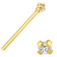 14k Solid Gold Round Cubic Zirconia 12mm Length Bar Prong Setting 20g Nose Stud