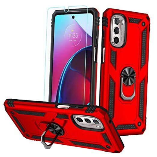 Moto G Stylus 5G 2022 Case - Red Military Grade Rotating Ring Kickstand Case