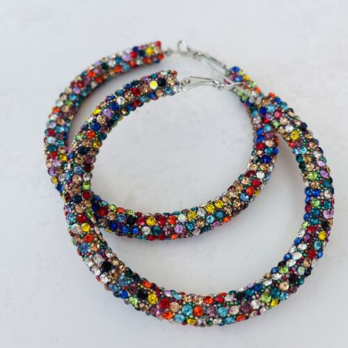 Crystal Hoop Earrings Multicolored Statement Sparkly Ladies Fashion Jewellery UK - Picture 1 of 4