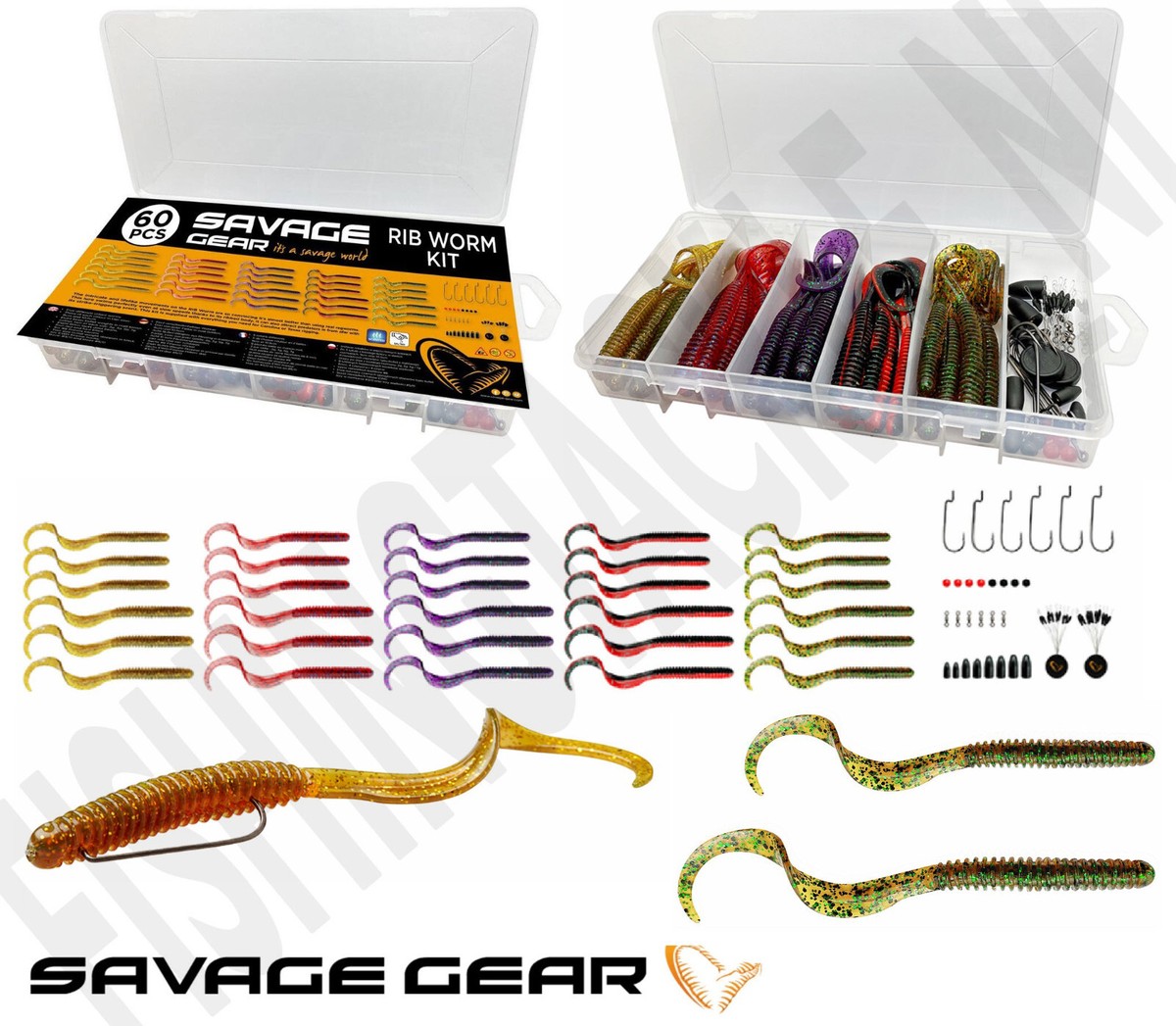 Savage Gear Rib Worm Kit - Esche A Verme Per Pesca Predatori - Completo Di Pesi, Ami E Perline - Per Spigola, Persico, Lucioperca