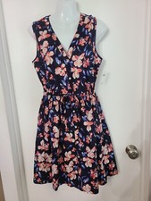 Gap Navy Blue Pink Floral Sleeveless Tie Waist Dress Size 6 Button Down NWTS $60
