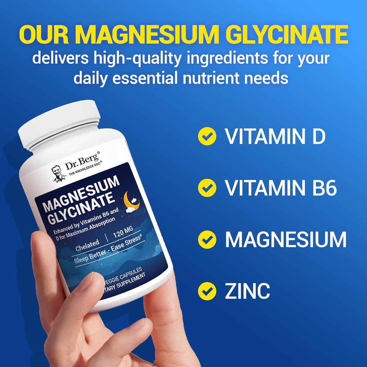 Dr. Berg Magnesium Glycinate with Vitamin D, B6 & Zinc for Stress Relief,  Calm,