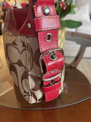 COACH F12657 Zoe Medium Hobo bag purse Khaki jacquard Red leather