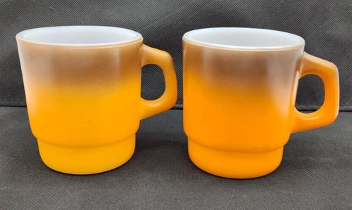 Fire King Anchor Hocking Oven Proof USA Vtg Brown Orange Coffee Mug Stackable x2