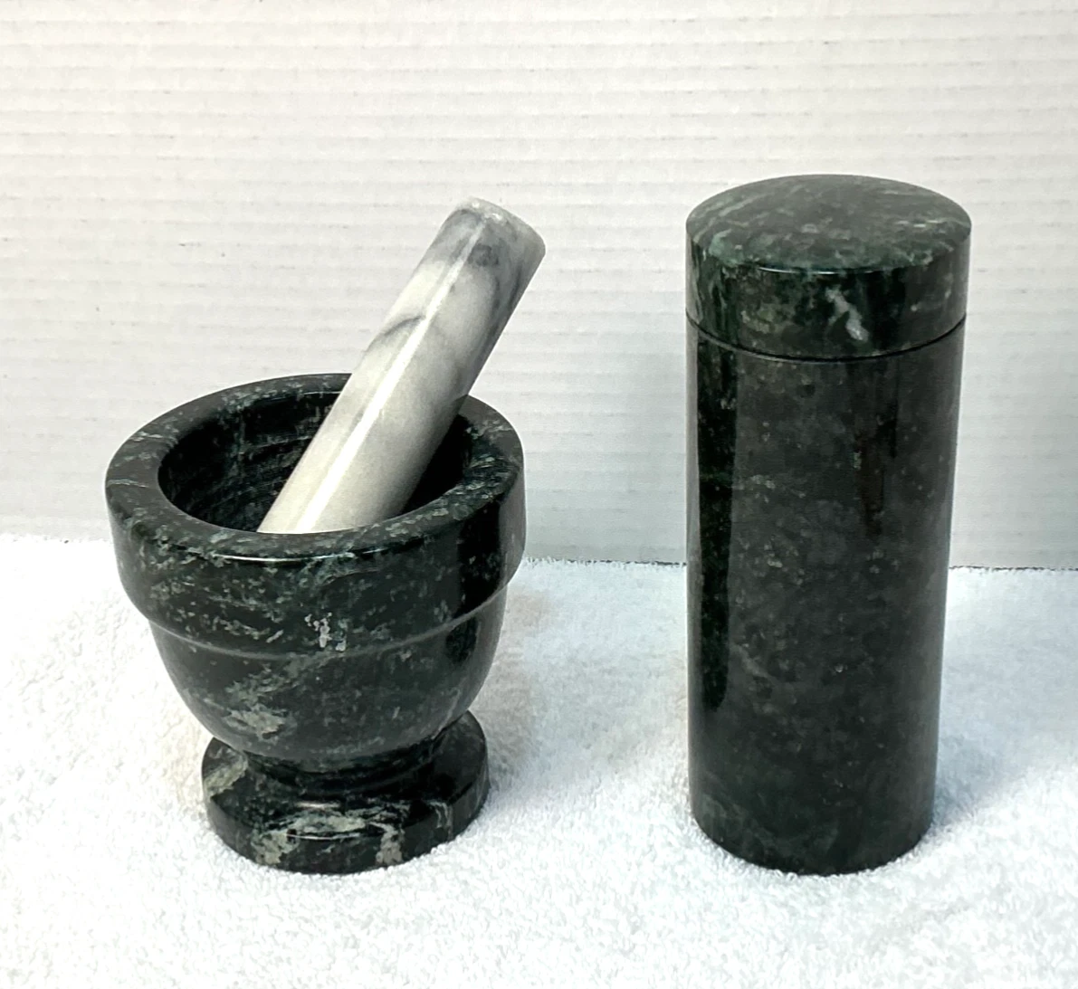 Marble Mortar and Pestle Set with Tall Jadeite Cyclinder Cup Tea Container