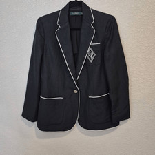 Lauren Ralph Lauren Monogram Linen-Blend Blazer Black Size 6