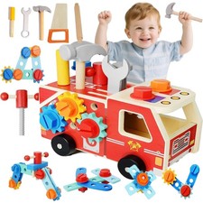 Kinderwerkzeugkoffer Holzspielzeug Montessori Feuerwehrauto Set ab 2 3 4 Jahre