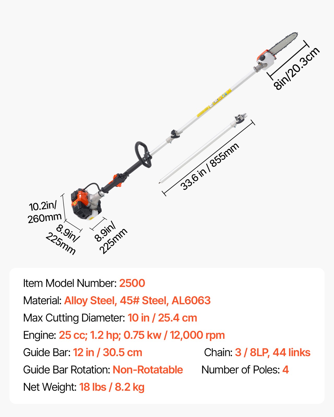 VEVOR Gas Pole Saw 25CC 2-Stroke Extendable Cordless Tree Trimmer 8 in Cutting