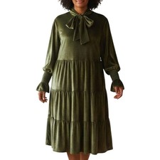 Olive Green Crushed Velvet Tiered Mod Mini Dress Pussycat Bow 3X