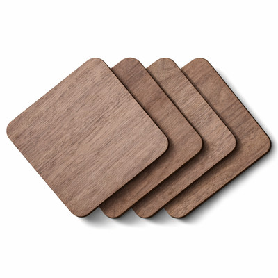 4er Set Nussbaum Holzuntersetzer - Quadratisch Abgerundete Ecke, Natursperrholz Untersetzer
