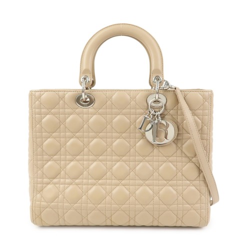 Christian Dior Lady Dior Cannage Quilt Lambskin Beige Leather Handbag