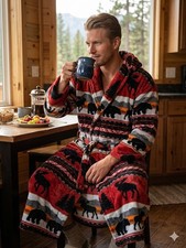 Earth Ragz Men’s Plush Fleece Cabin Moose Bear Bathrobe Cozy Fall Large Size