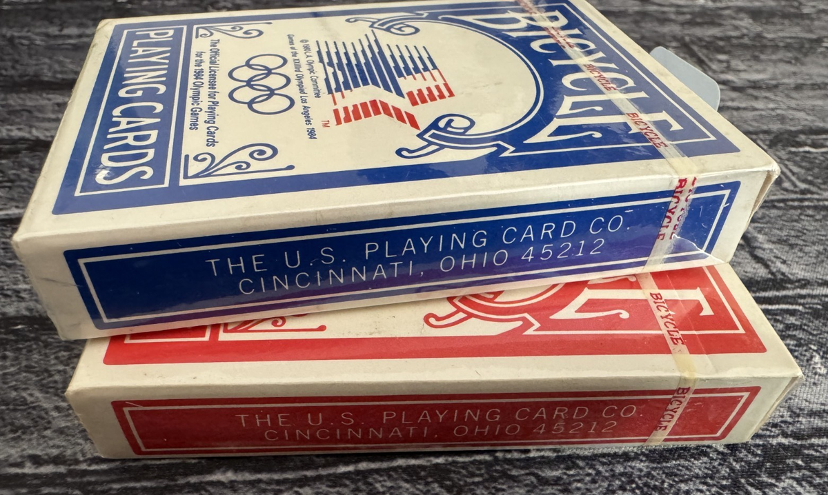 2 vintage decks BICYCLE 1984 OLYMPICS red & blue playing cards