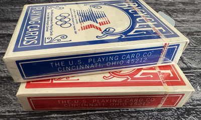 2 vintage decks BICYCLE 1984 OLYMPICS red & blue playing cards
