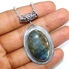 Chunky Fiery Labradorite 925 Silver Plated Necklace 17