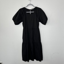 Everlane Dress Womens 4 Black Tiered Puff Sleeve Midi Pockets Scoop Neck