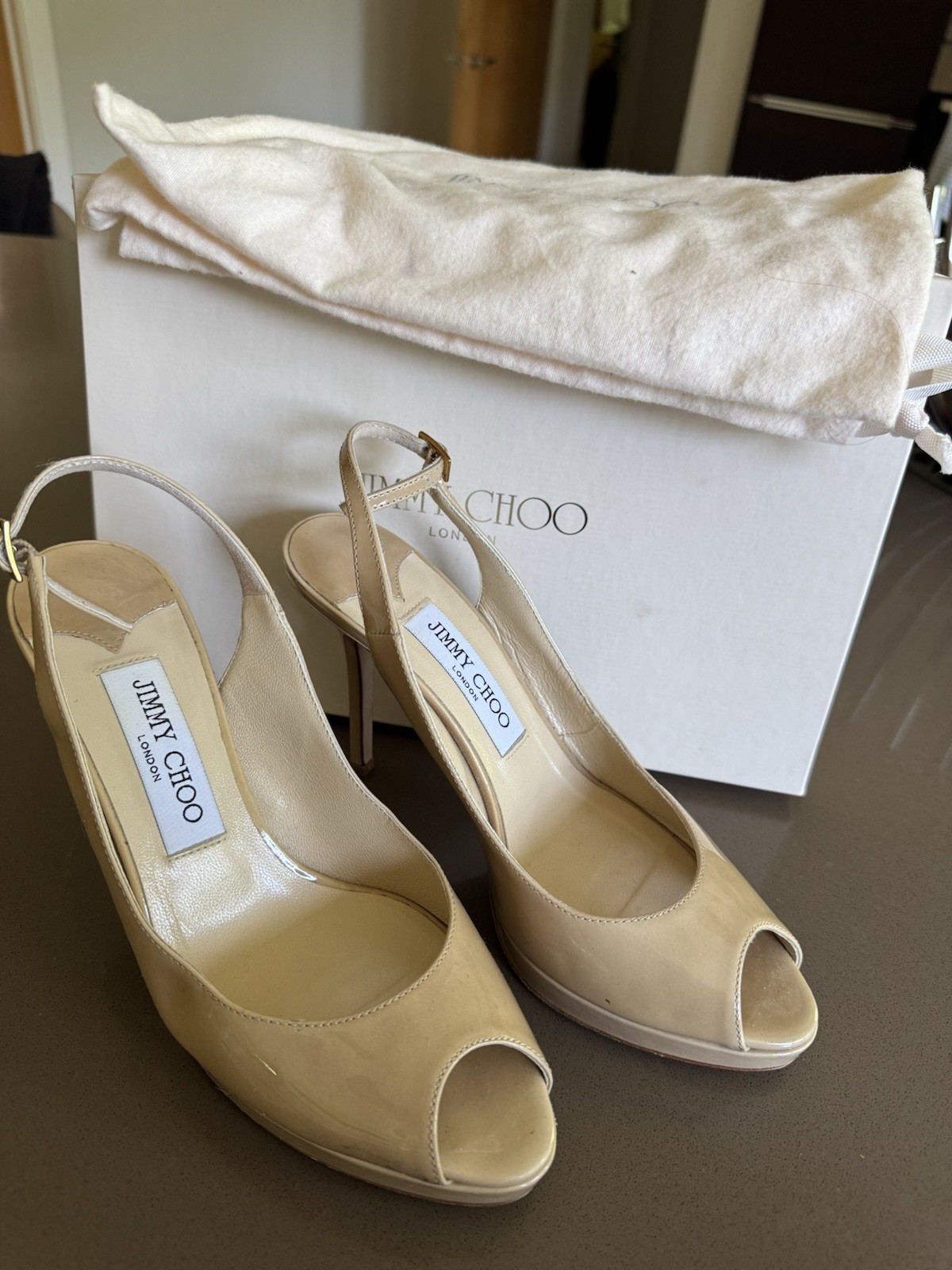 Jimmy Choo Mujer Nova Nude Patente Peep Toe Canchas Talla 37 - ¡Solo Usado Una Vez!