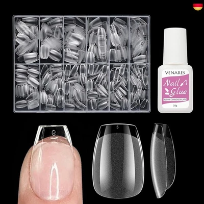VENARES 500 Stück Extra Kurze Soft Gel Künstliche Nagel Tips Set mit Kleber, 12 Größen V