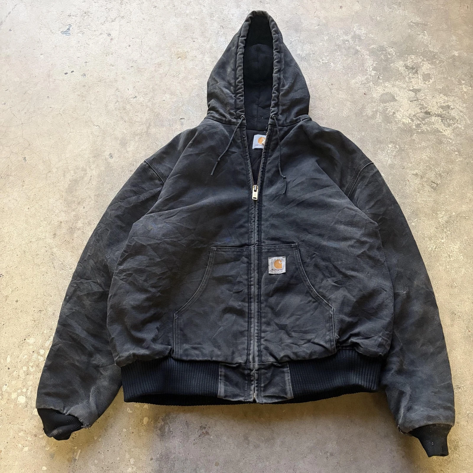 Carhartt Jacket Mens XL Black Duck Hooded Full Zip Quilted Lined Workwear Faded