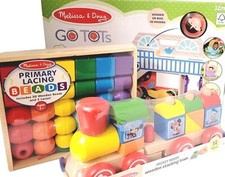  3 Melissa  Doug Wooden Train, Beads, GO Tots Schoolard Tumble, 3Disc, Bundle 3