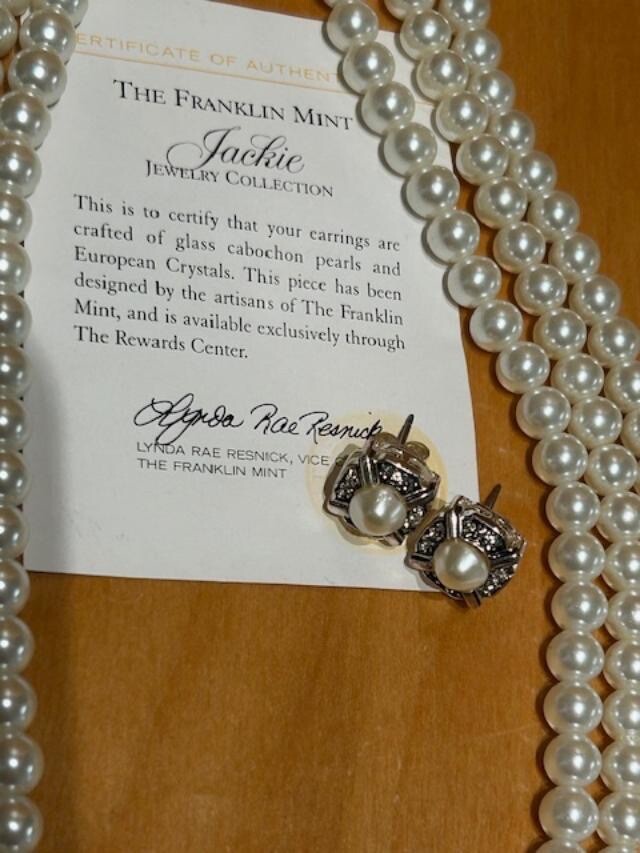 The Franklin Mint Jackie Kennedy Three Strand White Pearls Pierced
