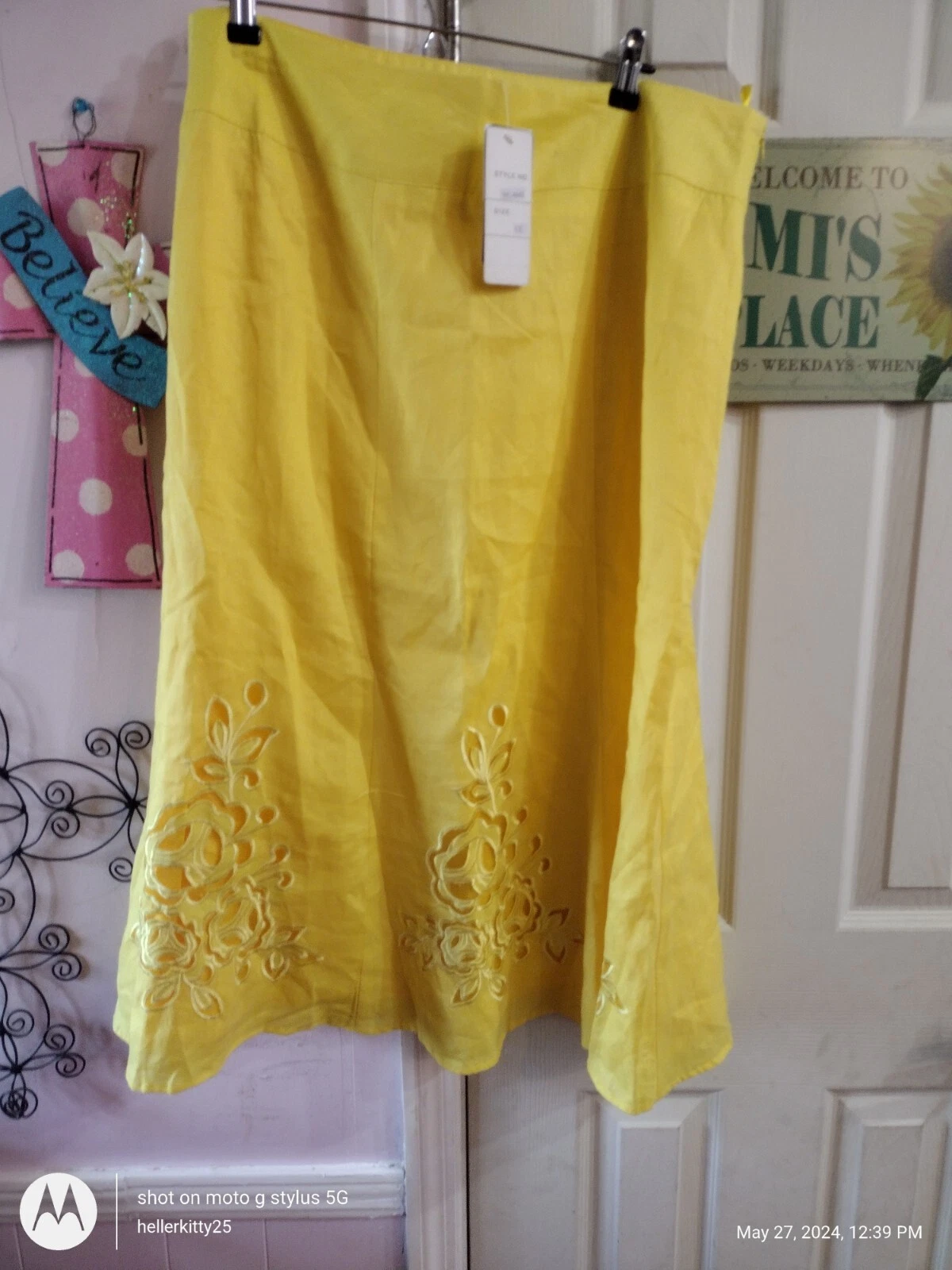 Lino USA 100% Linen Flare Skirts Women's 1X Yellow Embroidered Lined NWT