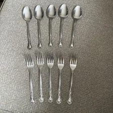 Set Of 10 5 Soup Spoons, 5 Dinner Forks Plantation Stainless Steel Made In Japan