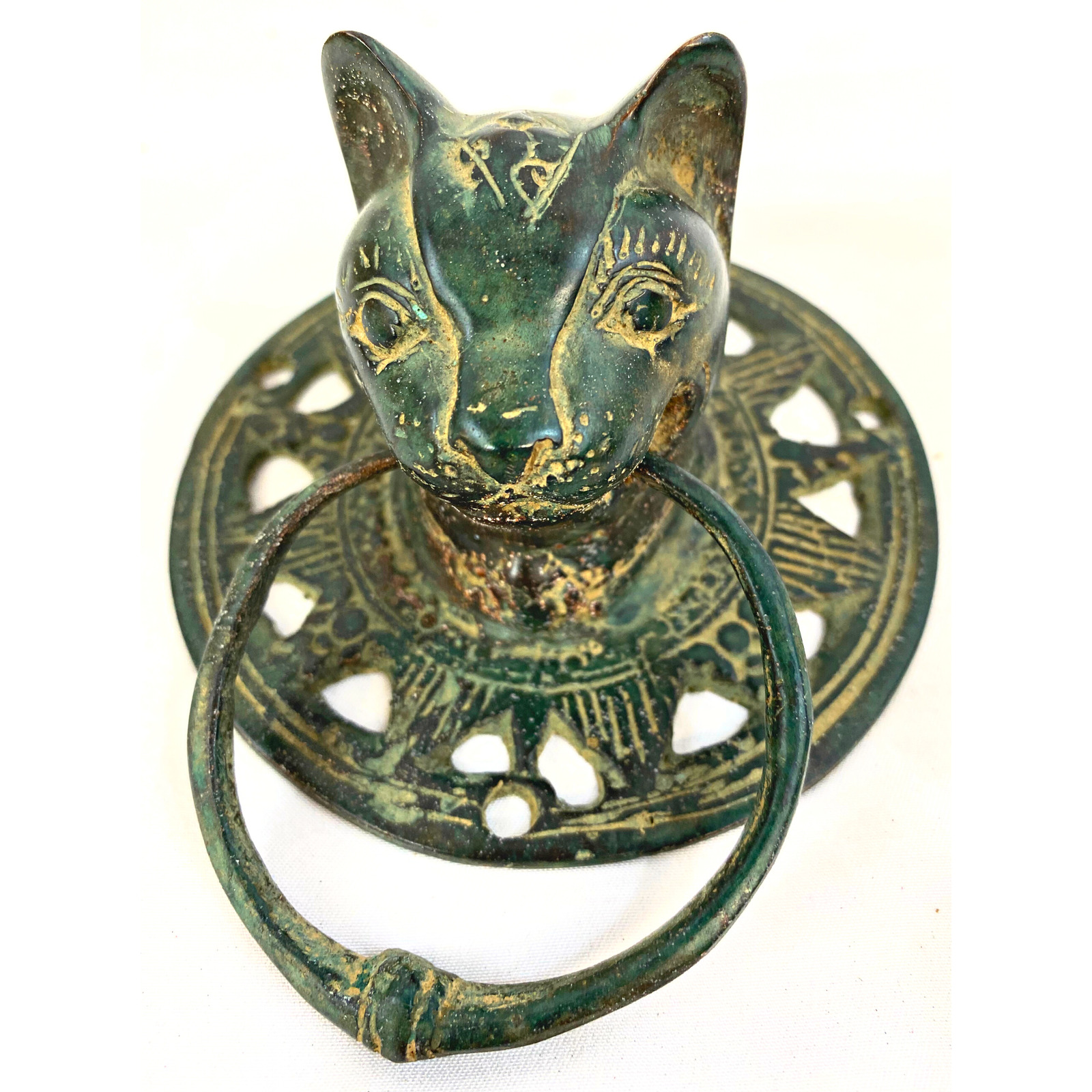Cat Door Knocker handle knob Pull lost wax Cast Verdigris Bronze Metal Bali Art