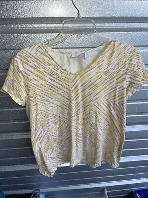 Chico s Weekend Pullover Top Women s 2 (Large) Yellow White (WTF61)