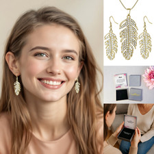 Feathers Clear crystal Necklace &Earrings Jewellery set Personalised Message UK