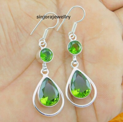 Peridot Gemstone 925 sterling silver handmade Dangle Drop Earrings 2''