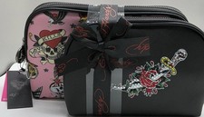 Ed Hardy 2pc Cosmetic Bag Set Rose Rhinestone Pink Tattoo Print Makeup Bags