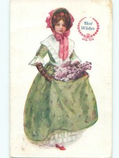 Pre-Linen PRETTY GIRL COLLECTS VIOLET FLOWERS IN HER DRESS : clearance AB7979