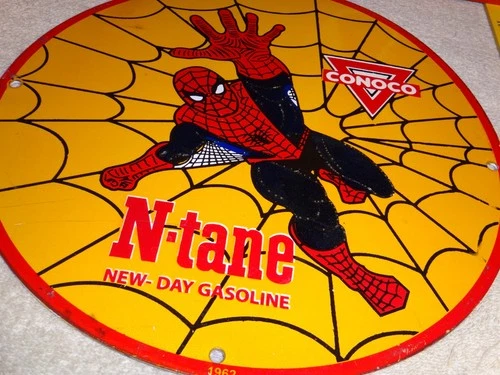 VINTAGE 1962 SPIDERMAN TV SHOW & CONOCO GASOLINE MOVIE PORCELAIN METAL OIL SIGN!