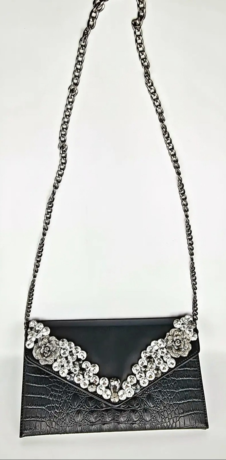 Black Croc Embossed Leather Clutch Crystal Evening Bag Chain Strap Statement