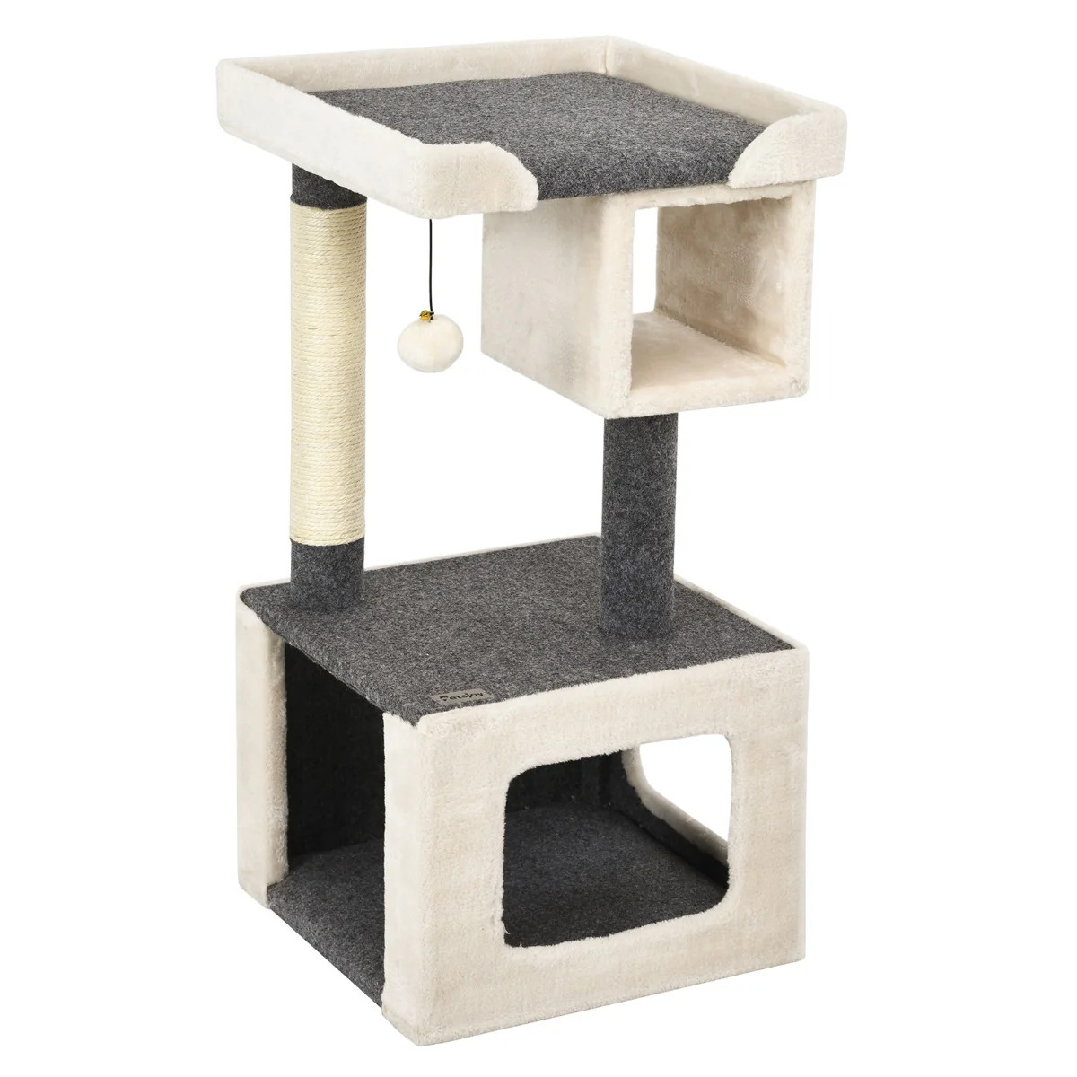 Arbre à chat 2 niveaux 42x42x80 cm en sisal naturel avec niche confort beige