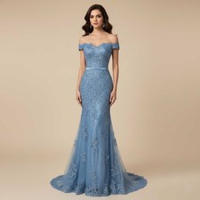 New Size 8 Dusty Blue Maxi Fitted Lace Prom Evening Dress XH1063