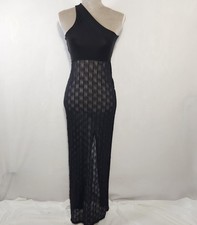 Misty Rose Women's Size Medium Black One Shoulder Sheer Lace Slit Slip Dress