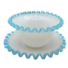 Vintage Fenton Aqua Crest Ruffled Crimped Milk Glass Mayonnaise Bowl Underplate