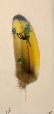 Vintage 1999 Hand Painted Yellow Bird Feather Costa Rica Signed Monkey Painting