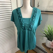 Vintage CITIKNITS Top Medium Teal Slinky Knit Satin Trim Retro Y2K Empire Waist