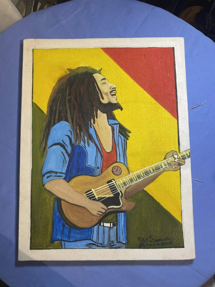 "Artista acrílico arte original Bob Marley firmado artista jamaicano 16"" x 12""" Foto 3 de 4